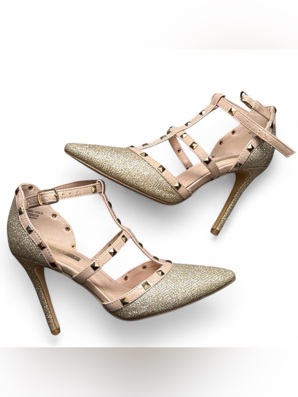 Primark Gold Glitter and Blush Studded T-Strap Heels